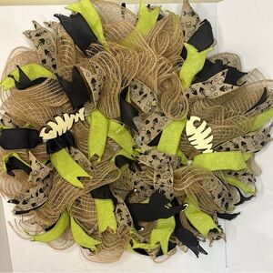 Handmade Burlap Mesh Wreath with Lime Green & Black Ribbons. 22 inches round.